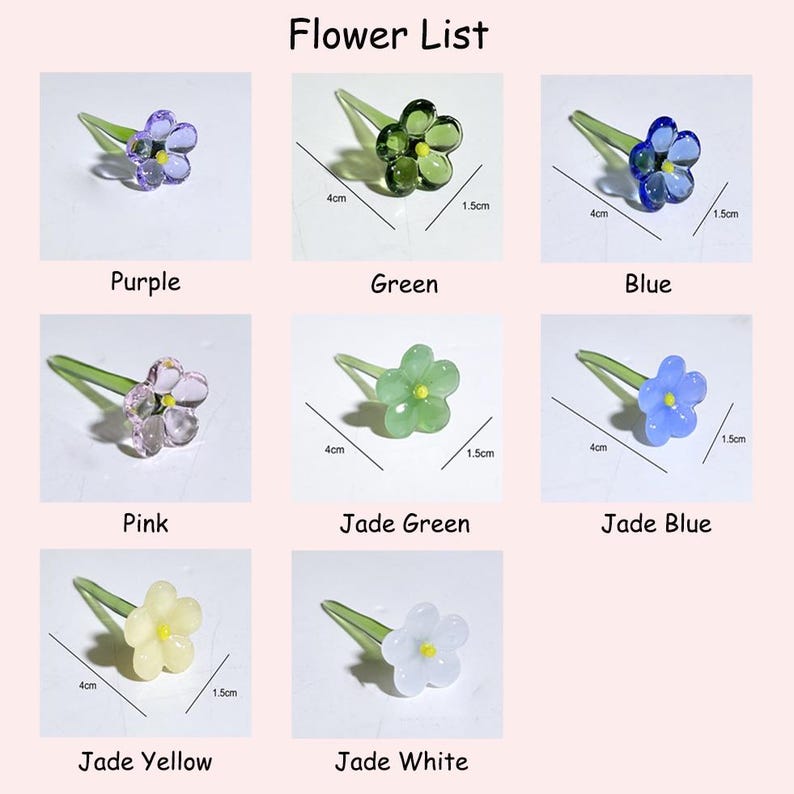 May include: A collection of colorful glass flower hair pins. The image shows nine different flower designs in various colors, including purple, green, blue, pink, jade green, jade blue, jade yellow, and jade white. Each flower measures 4 cm long and 1.5 cm wide. The text "Flower List" is at the top.