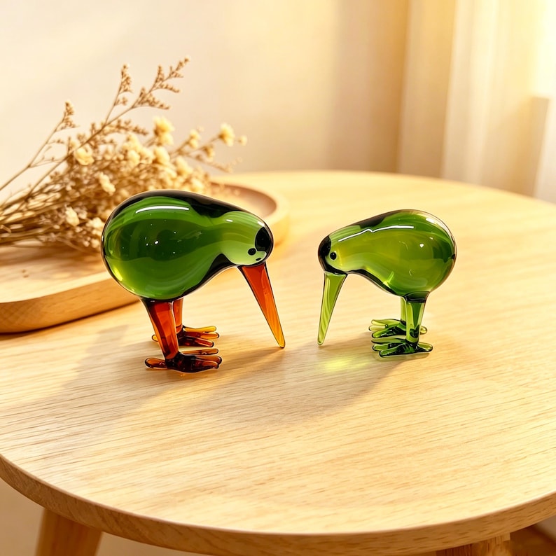 May include: Two glass kiwi bird figurines. The larger bird has a translucent green body, dark brown legs, and a long orange beak. The smaller bird is entirely translucent green with a long, slender green beak. Both have small black eyes.