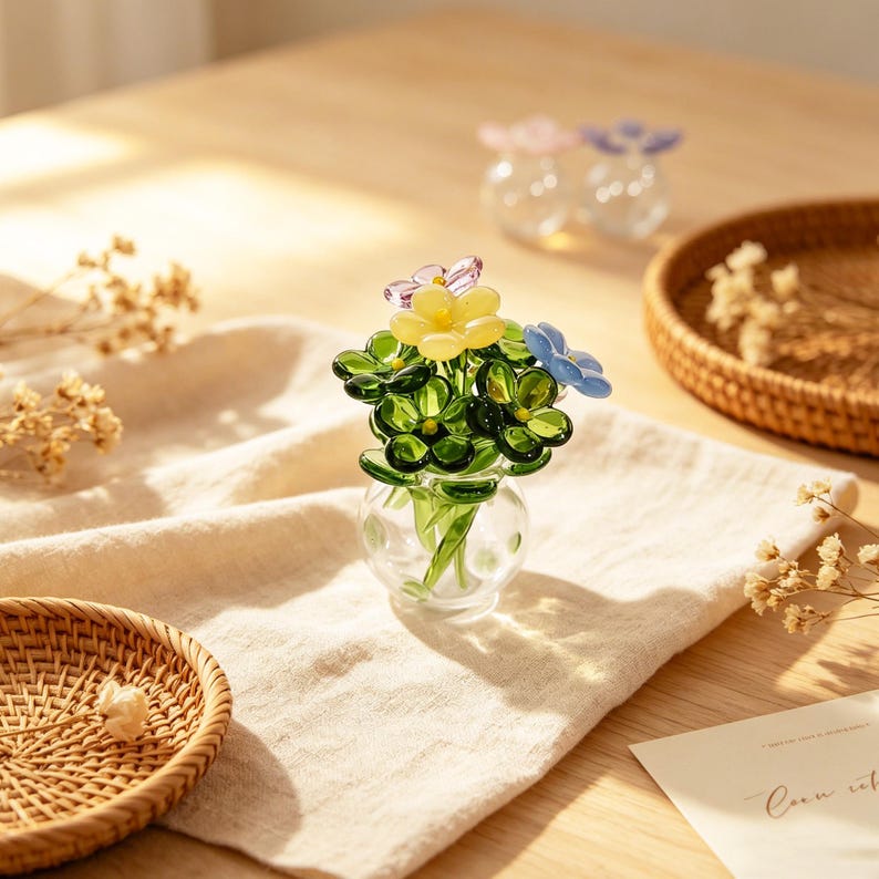 May include: A small glass vase holds a bouquet of colorful glass flowers. The flowers include yellow, blue, and pink petals with green leaves. Two similar vases are in the background. The scene is set on a beige cloth with a wooden table and wicker baskets.