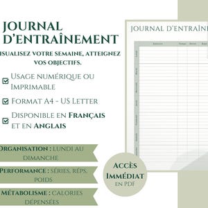 Peut inclure: Un journal d'entraînement numérique et imprimable intitulé "JOURNAL D'ENTRAÎNEMENT". Le journal comprend des sections pour l'exercice, le temps, les séries, les répétitions et le poids. Disponible en français et en anglais, format A4 et US Letter.