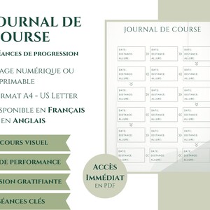 Peut inclure: Journal de course imprimable ou numérique avec le titre "JOURNAL DE COURSE". Il propose un suivi pour 18 séances, avec des sections pour la date, la distance et l'allure. Disponible en français et en anglais.