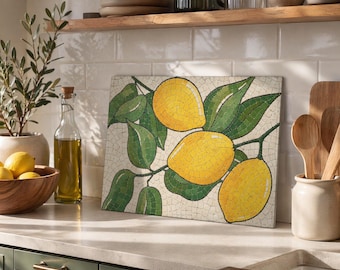 Tabla de cortar de vidrio con mosaico de limón, decoración de cocina mediterránea, tabla de cortar decorativa, regalo de cocina con temática de limón, tabla para embutidos, arte en azulejos