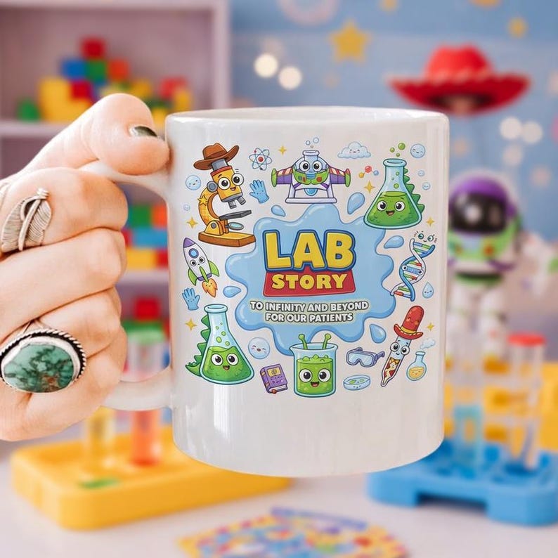 Tazza Lab Story Lab Week 2026, regalo per tecnico di laboratorio medico, tazza per tecnico di laboratorio ispirata a Toy Story, tazza Infinity And Beyond Patients, Lab Story immagine 1