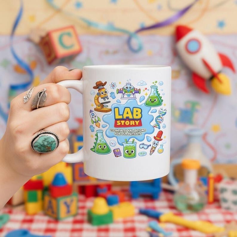 Tazza Lab Story Lab Week 2026, regalo per tecnico di laboratorio medico, tazza per tecnico di laboratorio ispirata a Toy Story, tazza Infinity And Beyond Patients, Lab Story immagine 4