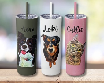 Custom Pet Skinny Tumbler with Straw 20oz, Personalized Pet Tumbler, Custom Cat Cup, Custom Dog Cup, Pet Portrait Cup, Pet Photo Cup