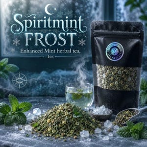 May include: A black pouch of Spiritmint Frost enhanced mint herbal tea with a holographic label, a pile of loose tea leaves, clear crystals, fresh mint leaves, and a glass cup of steaming tea with text reading Spiritmint FROST Enhanced Mint herbal tea.