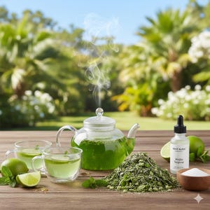 Pode incluir: Uma chaleira de vidro transparente e duas xícaras cheias de líquido verde, limas e folhas de hortelã. Uma garrafa rotulada "Mint Aura Mojito Terpene" fica ao lado de uma pequena tigela de madeira com pó branco e uma pilha de ervas verdes secas. Vapor sobe da chaleira.