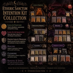 Może przedstawiać: Kolekcja Etheric Sanctum Intention Kit zawiera sześć zestawów małych, przezroczystych plastikowych torebek wypełnionych suszonymi ziołami, żywicami i kryształami. Każdy zestaw zawiera aksamitny woreczek i jest oznaczony konkretną intencją.