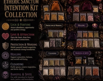 May include: The Etheric Sanctum Intention Kit Collection features six sets of herbs, crystals, and small items in clear plastic bags, organized by themes: Luck & Fortune, Love & Attraction, Protection & Warding, Healing, Cleansing, and Baneful & Spite.