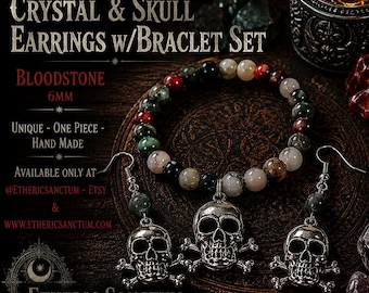 Conjunto de pulsera de piedra de sangre y pendientes de calavera
