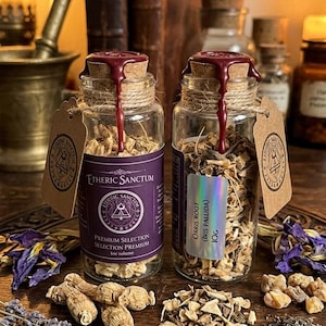 May include: Two clear glass bottles filled with dried botanical pieces, sealed with corks and dark red wax. Each bottle features a brown paper tag and a label reading Etheric Sanctum or Orris Root Iris Pallida 10g. Dried herbs surround the bottles.