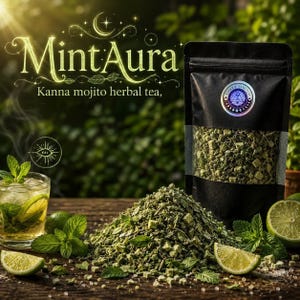 May include: A black resealable pouch labeled MintAura Kanna mojito herbal tea, containing a dried green herbal blend. Beside it sits a glass of iced tea with lime slices and mint leaves, with loose tea piled on the surface next to fresh lime wedges.