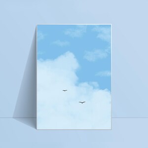 Cloudy Blue Sky with Birds Art Print, Painted Scenery Cubicle Decor (Digital Download)