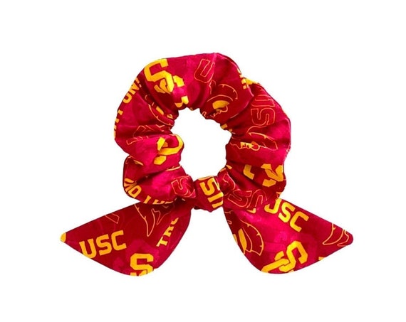 USC Trojans bunny ear scrunchie for ponytail, bun or top knot. USC gift for alumni, college bound, fan. SC College apparel. Ready to Ship
