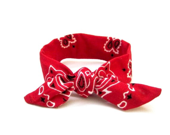 Red bandana wire hair tie. Mini dolly bow with wire to twist around a bun or ponytail. Rockabilly or western country girl hair accessory.