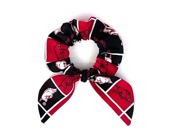 Arkansas Razorbacks bunny ear scrunchie for ponytail, bun or top knot. Woo Pig Sooie Hogs college apparel gift for student. Ready to Ship