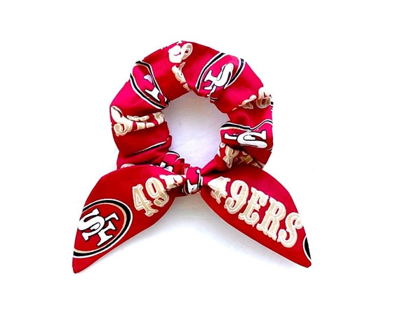 San Francisco 49ers bunny ear scrunchie for ponytail, bun or top knot. NFL Niners apparel gift. Ready to Ship