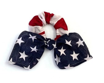 Patriotic scrunchie hair scarf for Memorial Day or 4th of July.  Red, white, blue stars and striped scrunchy for bun, ponytail or wrist.