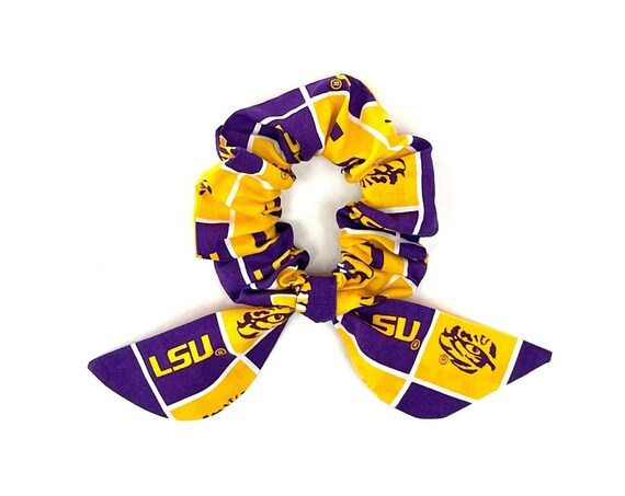 Louisiana State University Tigers bunny ear scrunchie for ponytail or bun. LSU college apparel gift for student, alumni or fan Ready to Ship