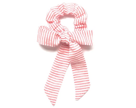Red and white striped scarf scrunchie with tail for bun, ponytail or braid. Convertible hair scarf for women, teen, tween. Ready to Ship