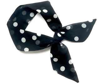 Short hair scarf. Fabric hair tie for ponytail, bun, braid, handbag. Retro 1940s or 1950s party costume polka dot scarf.