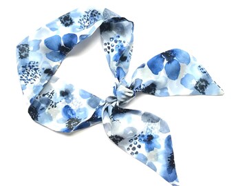 Short silk scarf.Skinny scarf for ponytail, bun, top knot, handbag.Thin, small, narrow floral lightweight neck scarf for women.Ready to Ship