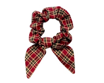 Plaid bunny ear scrunchie. Fabric hair tie scrunchie scarf for ponytail, messy bun or top knot hair bow. Ready to Ship