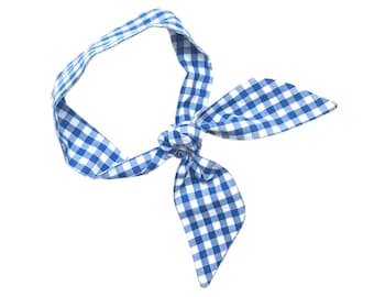 Cotton gingham short hair scarf. Fabric hair tie for ponytail, messy bun, top knot or handbag. Royal blue women's neck scarf. Ready to Ship