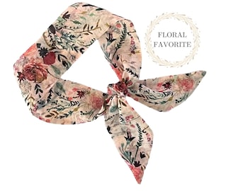 Short Silk Scarf Peach Skinny Floral Neck Wrap for Ponytail Bun Hair Accessories Women