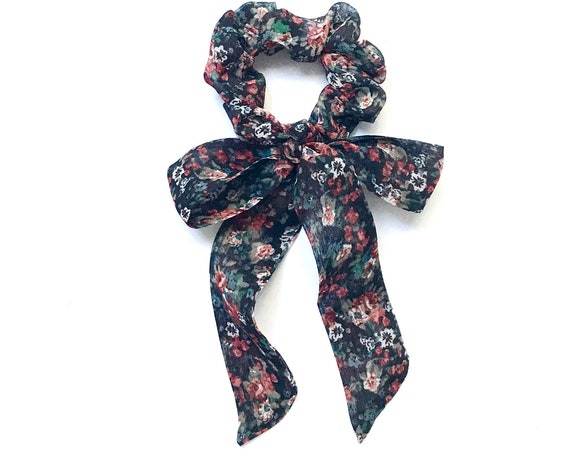 Brown floral fabric hair tie scarf scrunchie for bun or ponytail. Elastic scrunchy bow with tail, Under 20 Dollars, Ready to Ship