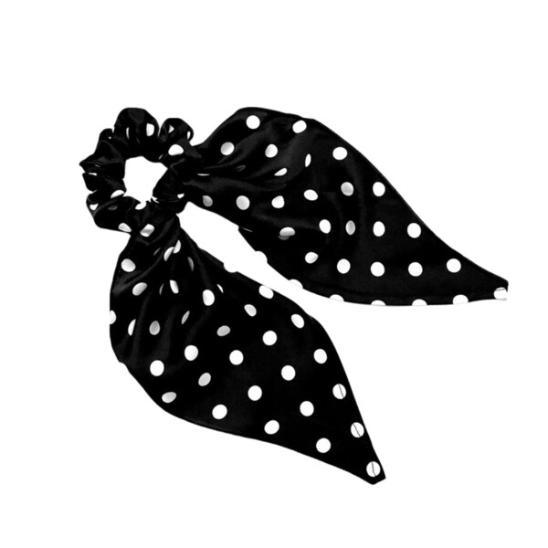 Long tail scrunchie for women. Modern convertible scrunchy for ponytail or bun. White and black polka dot hair fashion accent. Ready to Ship