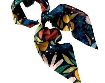 Versatile Black Botanical Scarf for Hair, Neck, or Hat - Spring to Fall - Ready to Ship
