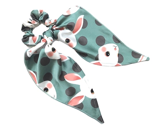 Long tail scrunchie for ponytail or bun. Modern women's hair scarf scrunchy with polka dots and rabbits. Petite neck scarf option.