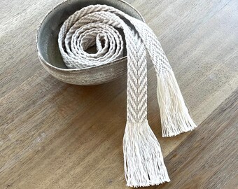Bohemian Woven Wrap Belt: Adjustable Skinny Fringe Sash Tie in Light Gray and Cream - One Inch Wide - Ready To Ship