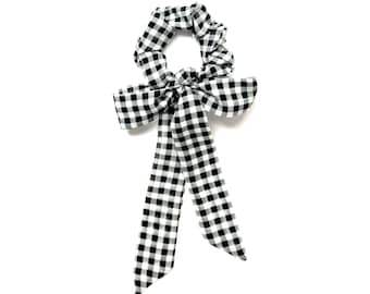 Black Gingham Scarf Scrunchie with Tail - Women, Teen Convertible Hair Tie for   Bun, Ponytail, Braid