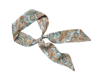 Long skinny scarf for women. Floral fabric hair tie for neck, bun, handbag or ponytail. Chic fashion accent in paisley and petite flowers.