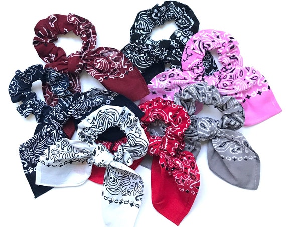 Bandana Print Scrunchie Scarf for Ponytail or Messy Bun. Multiple Color Scrunchie Pack for Women Teen Tween. Under 20 Dollars, Ready to Ship