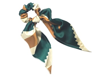 Long Tail Scarf Scrunchie: Convertible Hair Accessory for Ponytail, Buns in Green and Beige Stripes - Ready to Ship