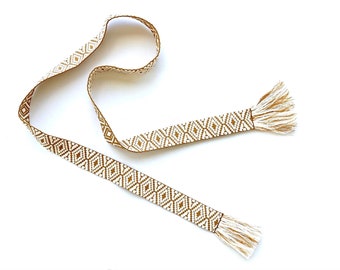 Gold and cream woven wrap sash belt for women, teen or tween. Adjustable skinny tie belt with fringe. Ready To Ship