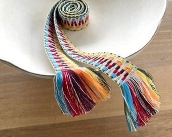 Woven wrap sash belt for women, teen or tween. Adjustable skinny tie belt with fringe in multi-color. Ready To Ship