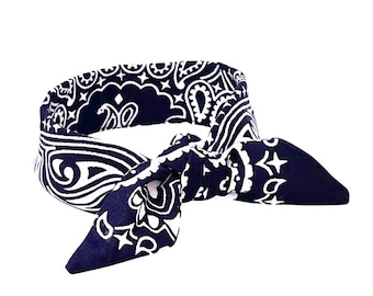 Adjustable Blue Bandana Wire Bun Wrap - Bendable Pin-Up Rockabilly Hair Accessory for Ponytails
