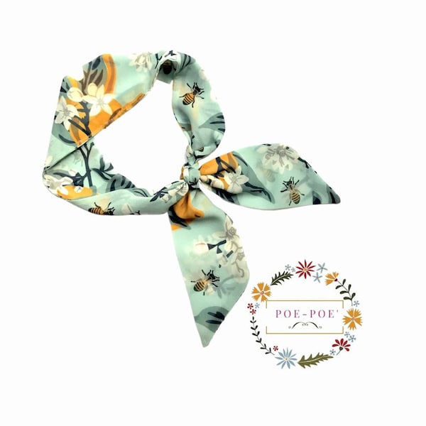 Short hair scarf. Fabric hair tie for ponytail, messy bun or top knot. Thin, small, skinny womens neck scarf. Lemon Citrus. Ready to Ship