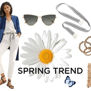 May include: A spring fashion trend collage featuring a white jumpsuit, blue cardigan, cat-eye sunglasses, a straw tote bag, a daisy, a black and white ribbon, and pearl bracelets. The text "SPRING TREND" is displayed in the centre of the image.