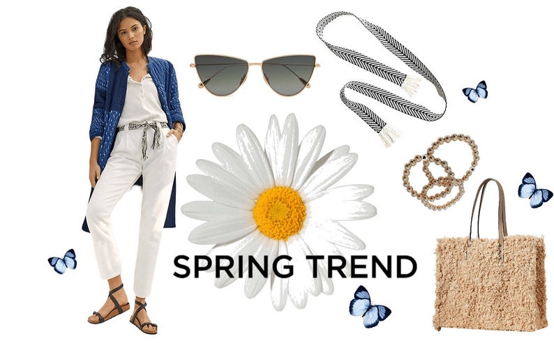 May include: A spring fashion trend collage featuring a white jumpsuit, blue cardigan, cat-eye sunglasses, a straw tote bag, a daisy, a black and white ribbon, and pearl bracelets. The text "SPRING TREND" is displayed in the centre of the image.