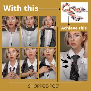 May include: A step-by-step guide on how to tie a scarf into a stylish knot. The image shows a woman wearing a white shirt and glasses, demonstrating the steps with a black and white patterned scarf. The final result is a stylish knot tied around the neck. The text "With this" and "Achieve this" is included in the image.