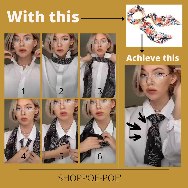 May include: A step-by-step guide on how to tie a scarf into a stylish knot. The image shows a woman wearing a white shirt and glasses, demonstrating the steps with a black and white patterned scarf. The final result is a stylish knot tied around the neck. The text "With this" and "Achieve this" is included in the image.