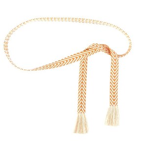 May include: A woven orange and white belt with tassels. The belt is tied in a knot and has a chevron pattern.