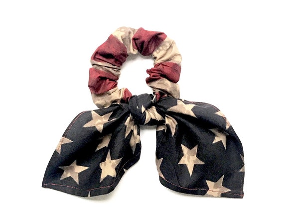 Vintage looking bunny ear scrunchie hair scarf for Memorial Day or 4th of July. Red, white, blue scrunchy. patriotic, stars and stripes.