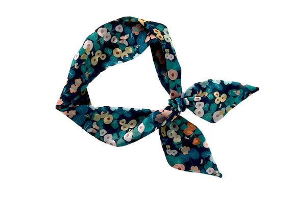 Short hair scarf. Floral skinny scarf for ponytail, bun, top knot or handbag. Thin neck scarf for women. Ready to Ship