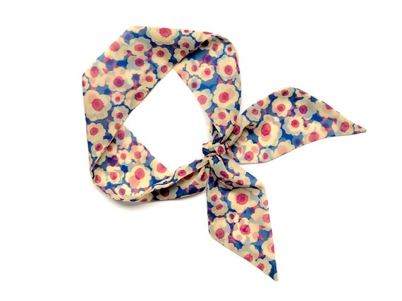 Daisy Skinny Scarf – Lightweight Chiffon Neck Scarf, Blue Floral Hair Ribbon, Versatile Bag & Ponytail Accessory